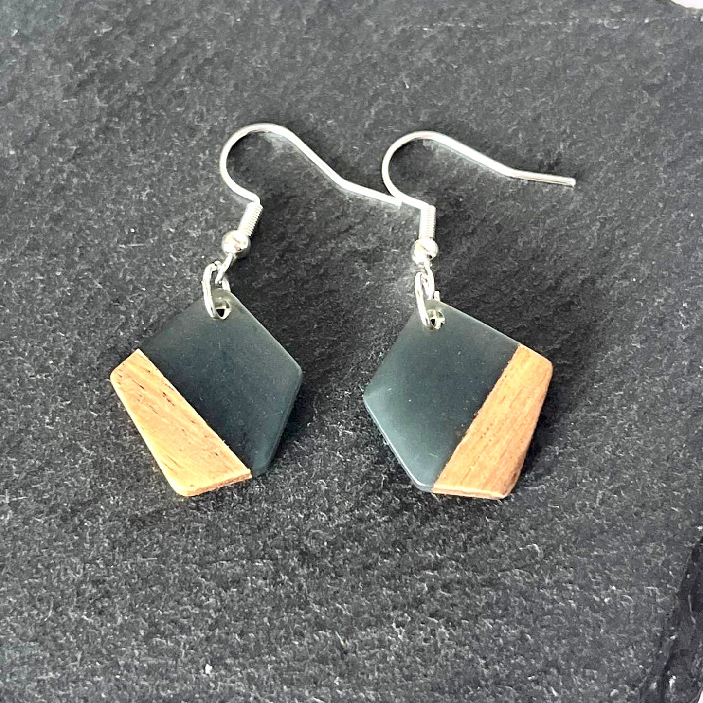 Grey Resin & Walnut Polygon Hook Earrings