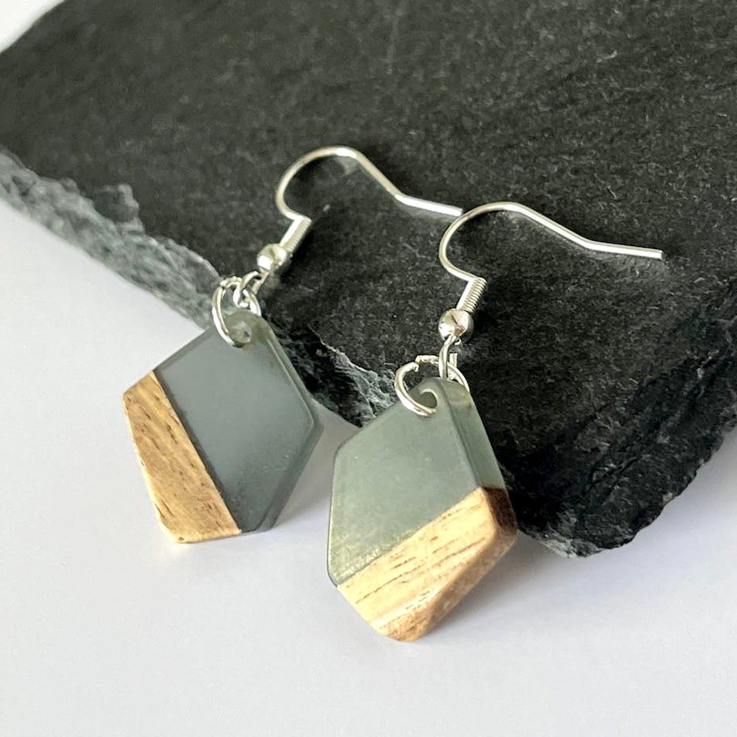 Grey Resin & Walnut Polygon Hook Earrings