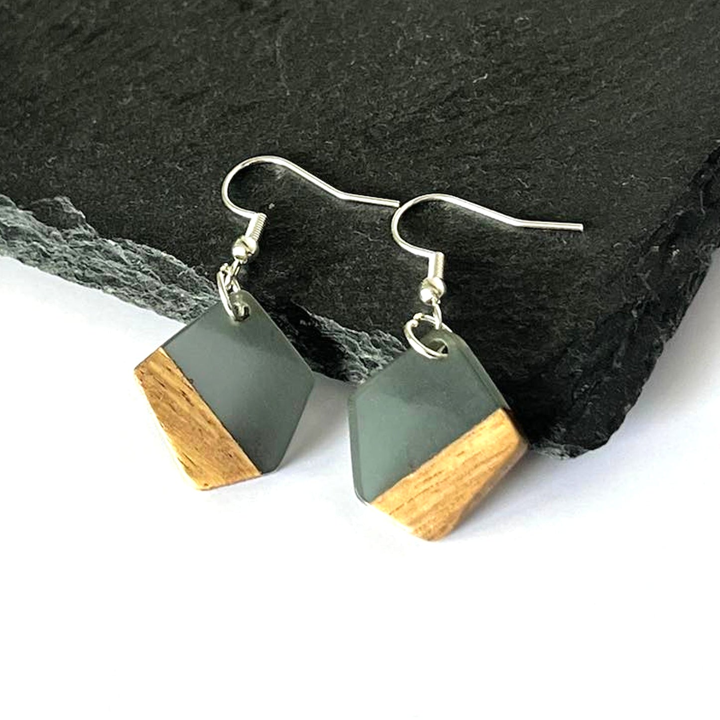 Grey Resin & Walnut Polygon Hook Earrings