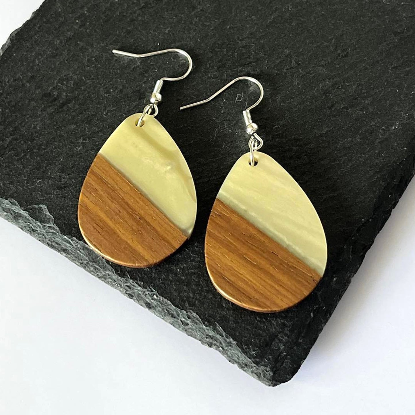 Opaque White Resin & Walnut Teardrop Hook Earrings