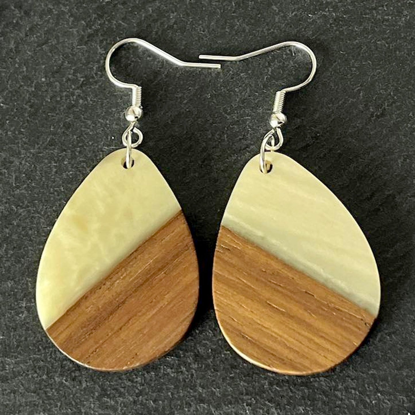 Opaque White Resin & Walnut Teardrop Hook Earrings