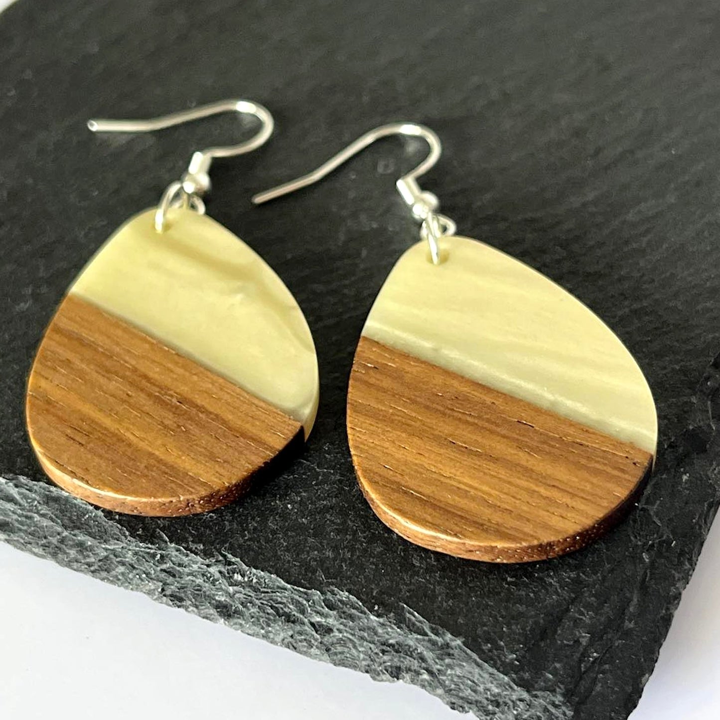 Opaque White Resin & Walnut Teardrop Hook Earrings