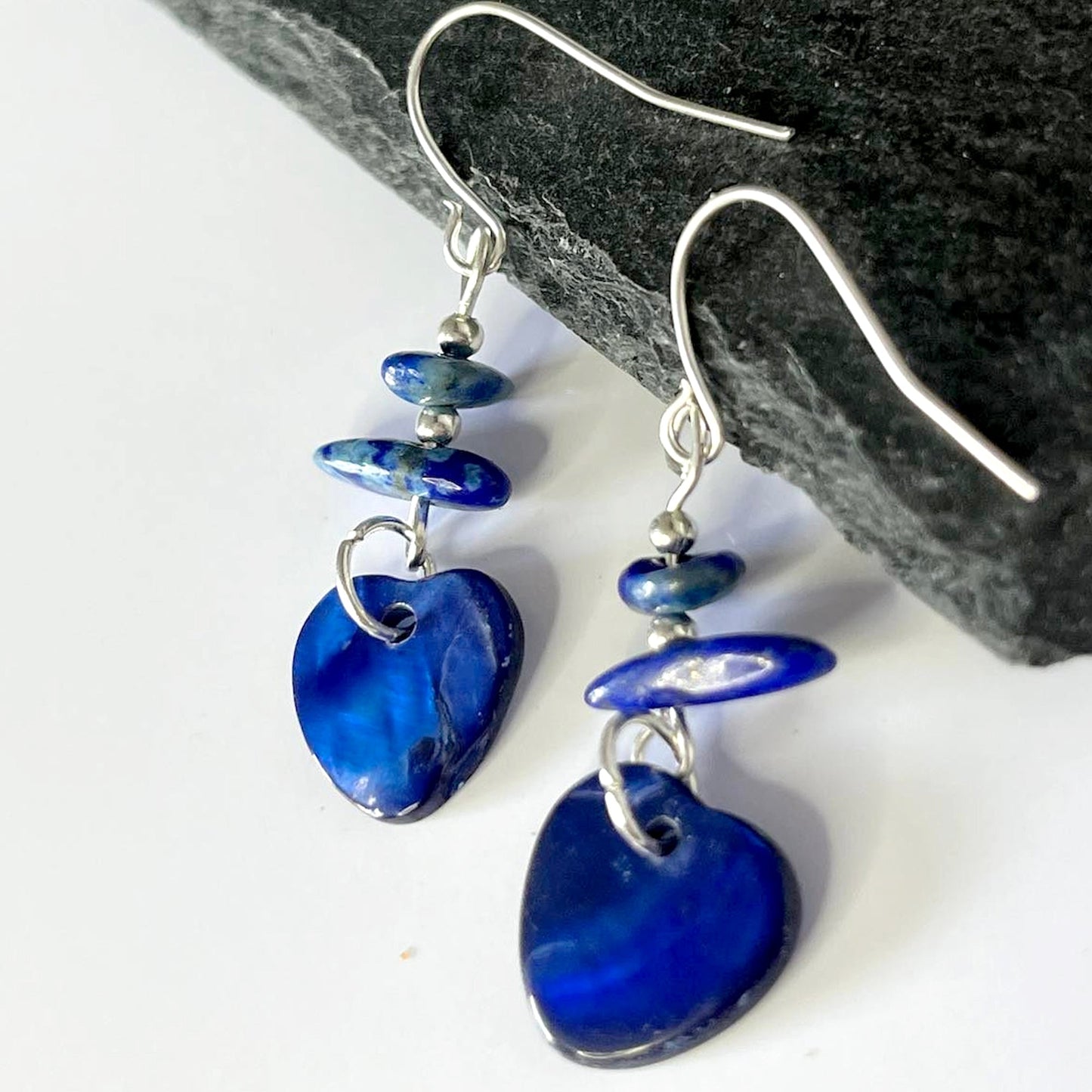 Lapis Lazuli Stone Heart Shell Hook Earrings