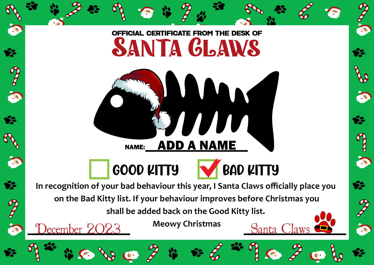 Personalised Cat Santa Claws Certificates