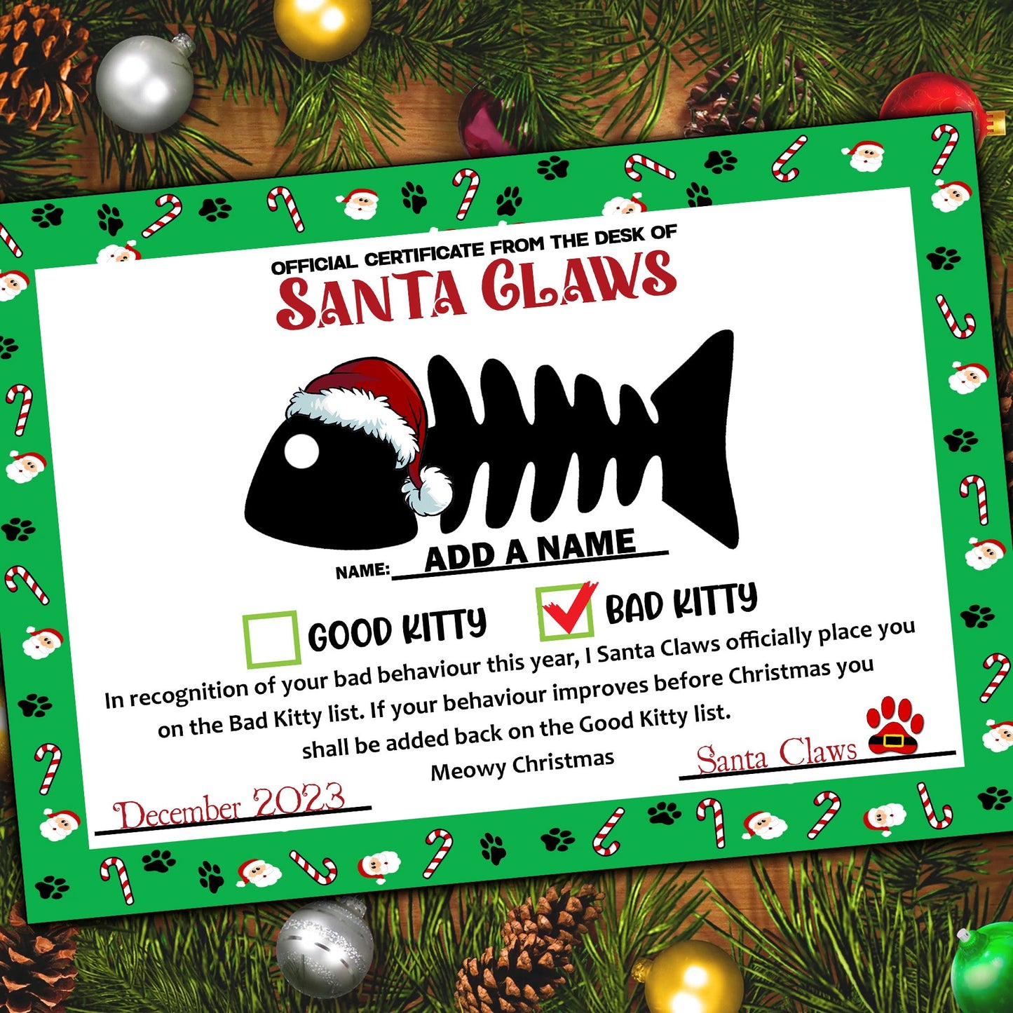 Personalised Cat Santa Claws Certificates