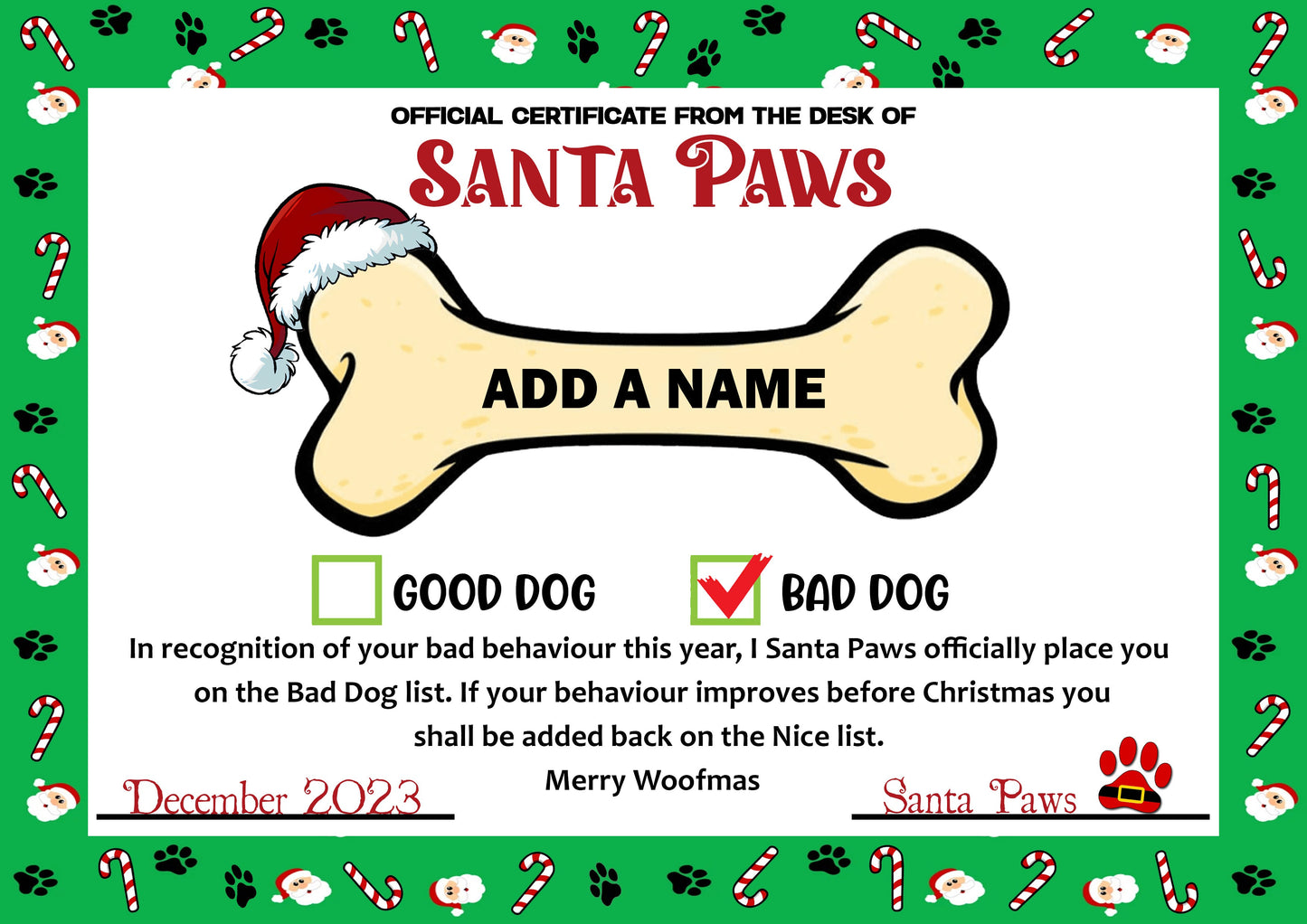 Personalised Dog Santa Paws Certificates