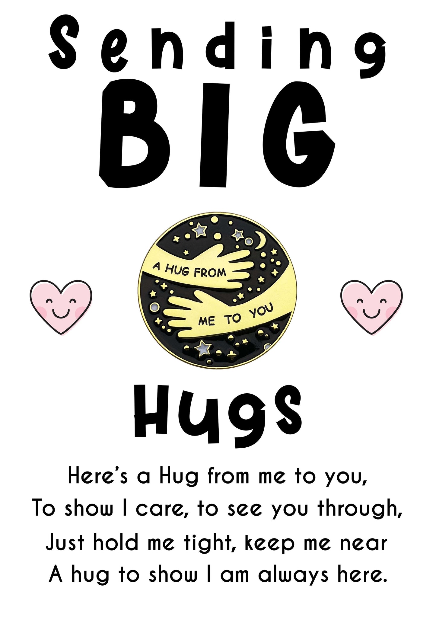 Sending Big Hugs Pin Badges With Personalised Pink Heart Message Cards