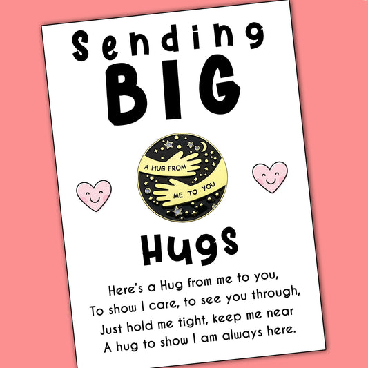 Sending Big Hugs Pin Badges With Personalised Pink Heart Message Cards