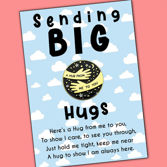 Sending Big Hugs Pin Badges With Personalised Blue Sky & Cloud Message Cards