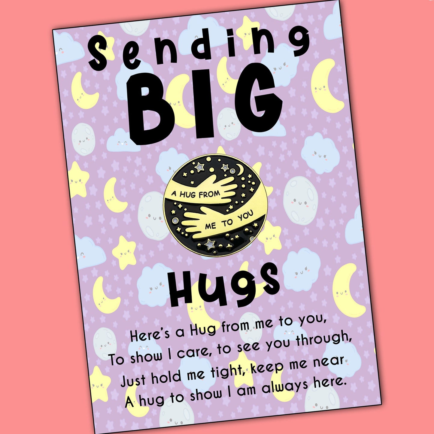 Sending Big Hugs Pin Badges With Personalised Moon Stars & Clouds Message Cards