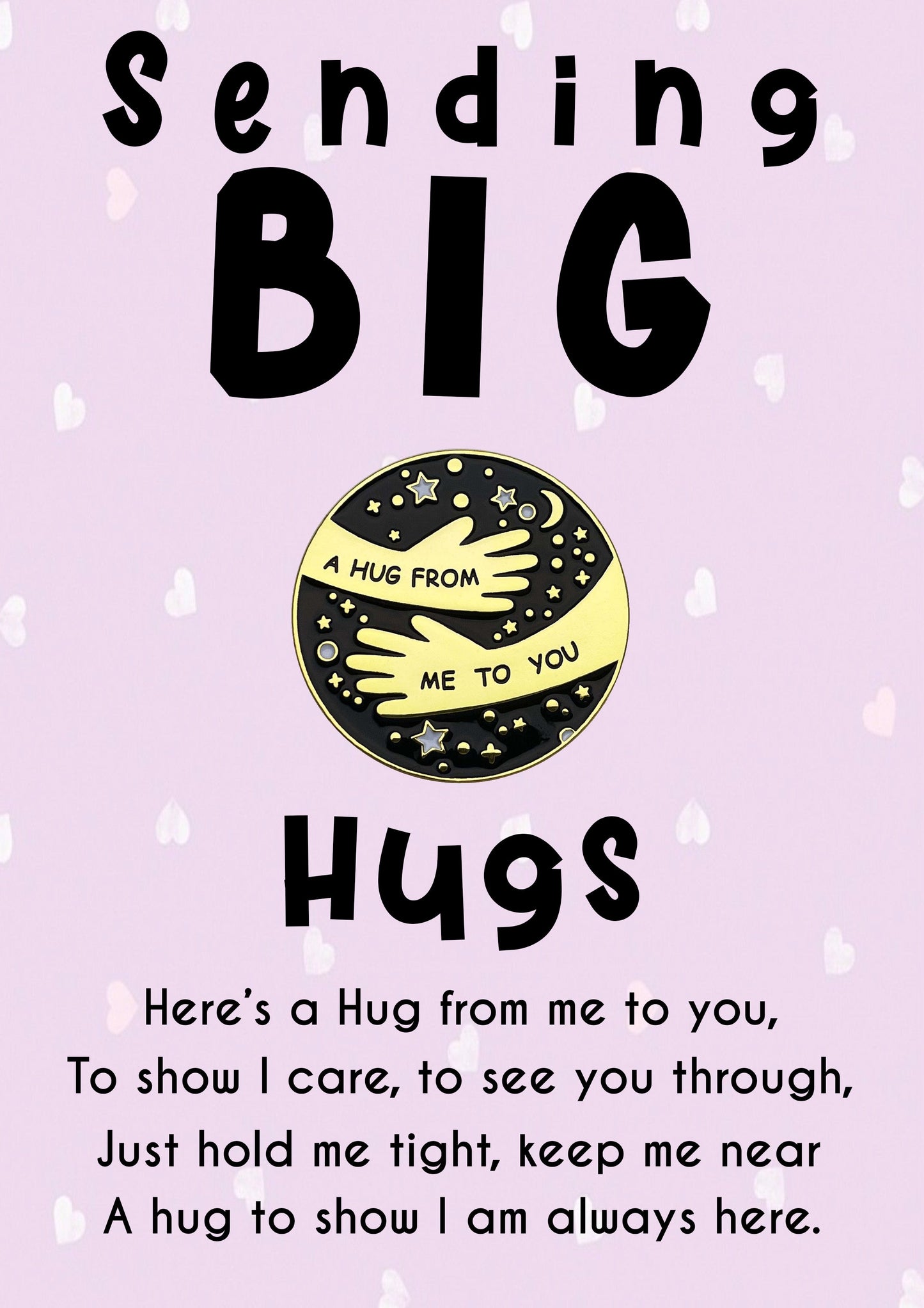 Sending Big Hugs Pin Badges With Personalised Purple Heart Message Cards