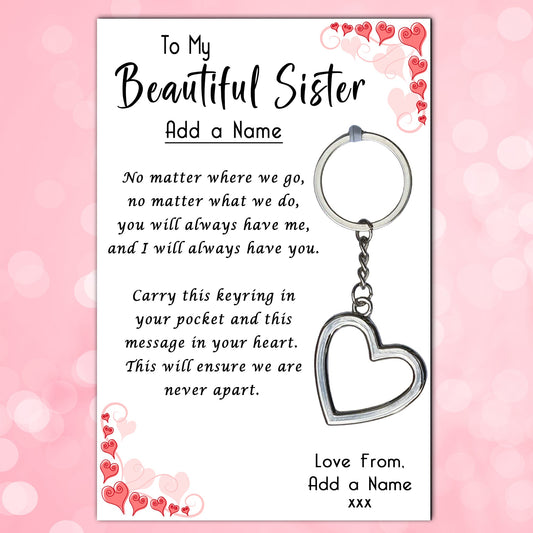 Sister Heart Keyrings & Personalised Message Card