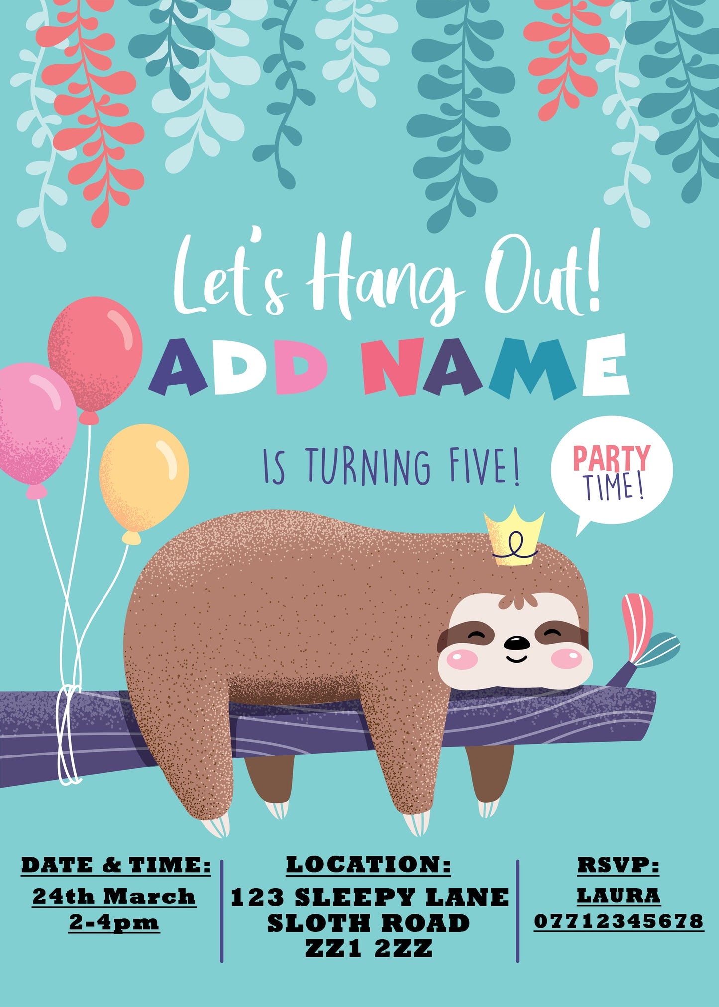 Sloth Birthday Party Invitations