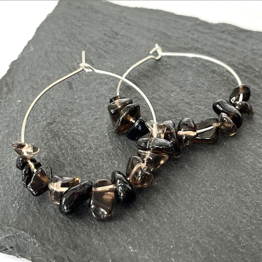 Smokey Quartz Stone Hoop Earrings