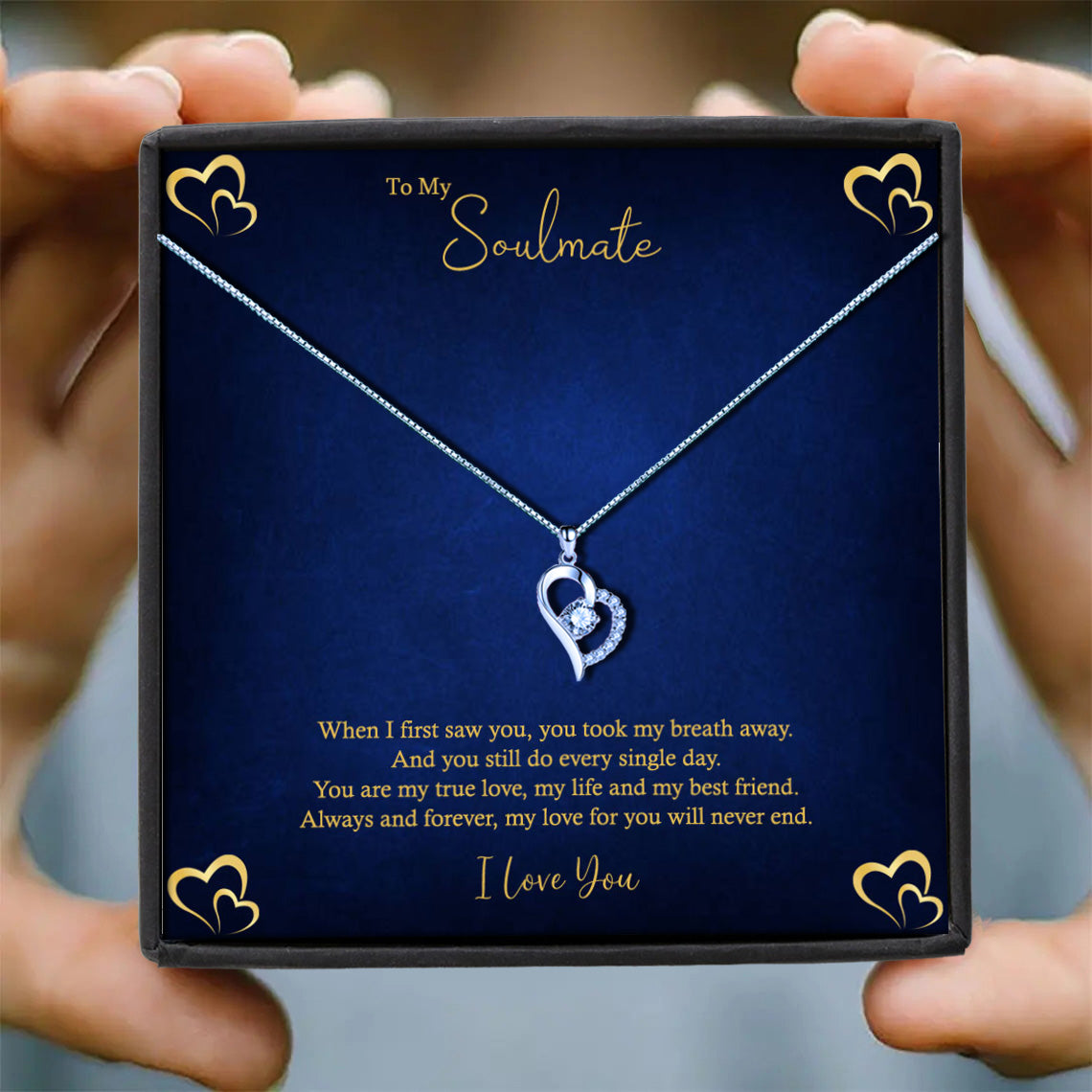 To My Soulmate - Royal Blue Gold Hearts Message Necklace