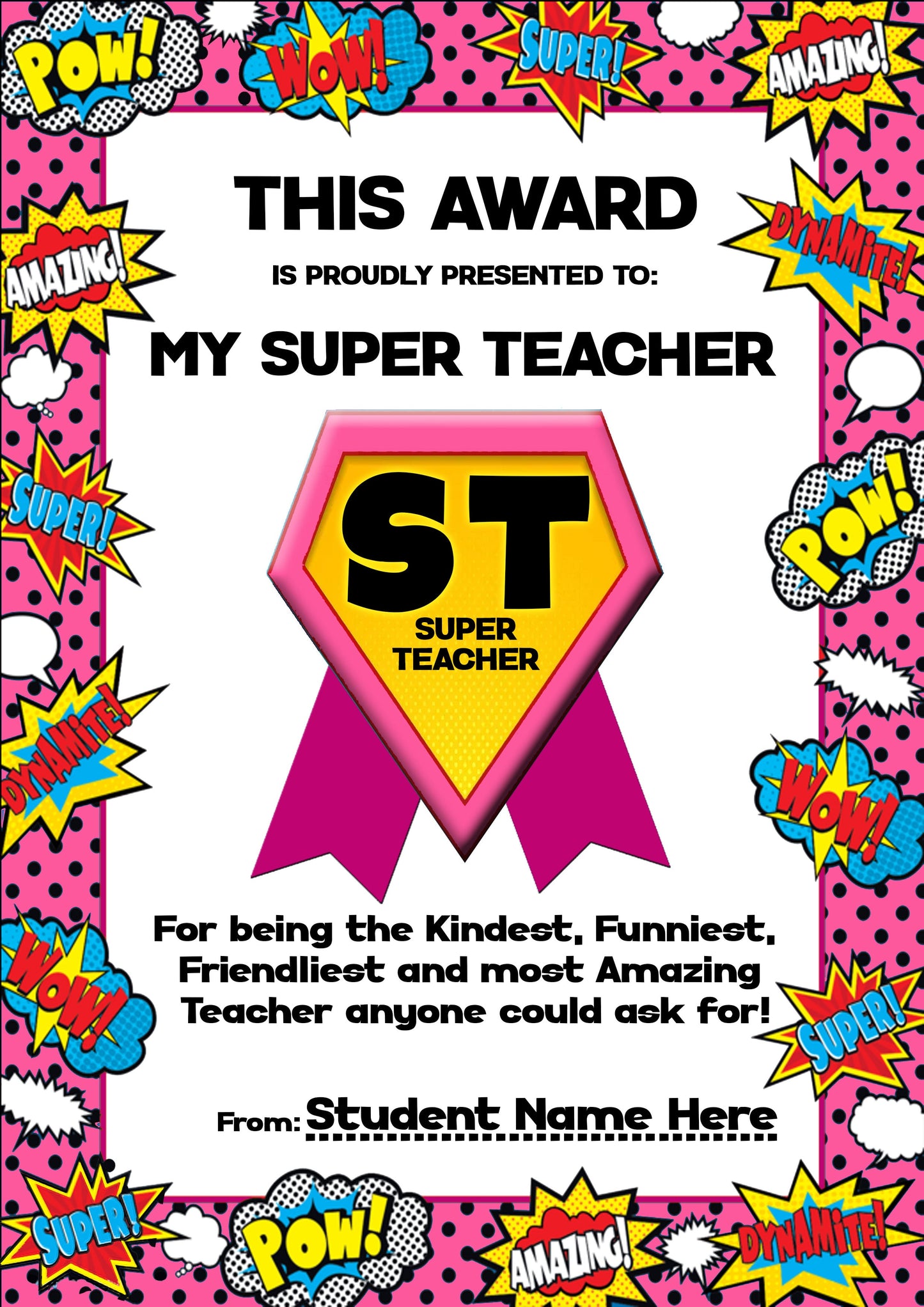 My Super Teacher Award Certificate - Pink