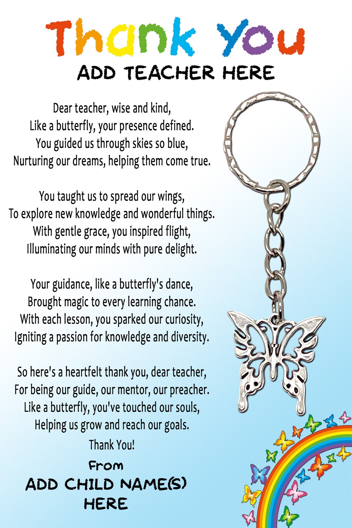 Thank You Teacher Personalised Message Cards & Butterfly Keyring