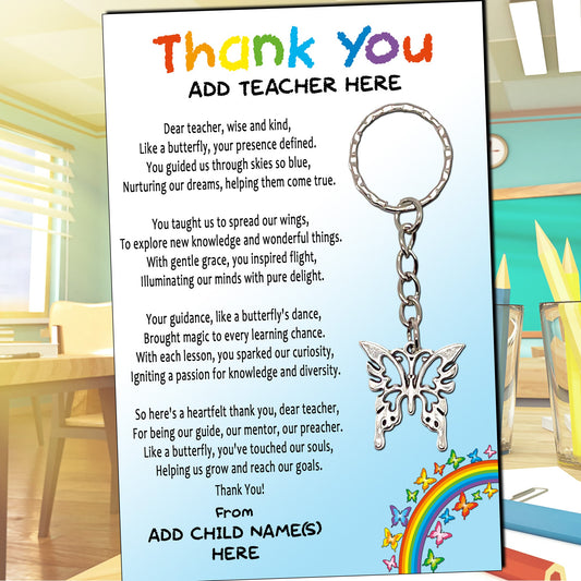 Thank You Teacher Personalised Message Cards & Butterfly Keyring