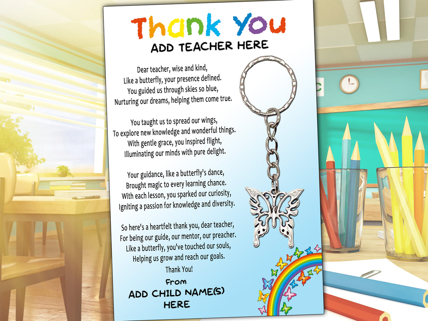 Thank You Teacher Personalised Message Cards & Butterfly Keyring