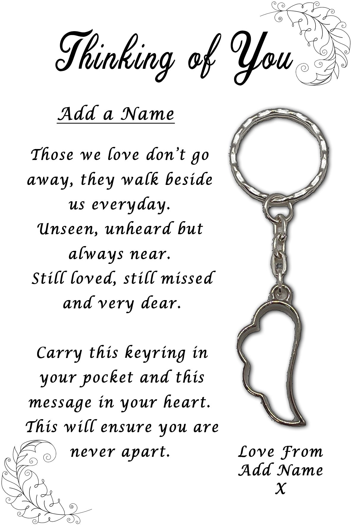 Thinking of You Angel Wing Keyrings & Personalised Card