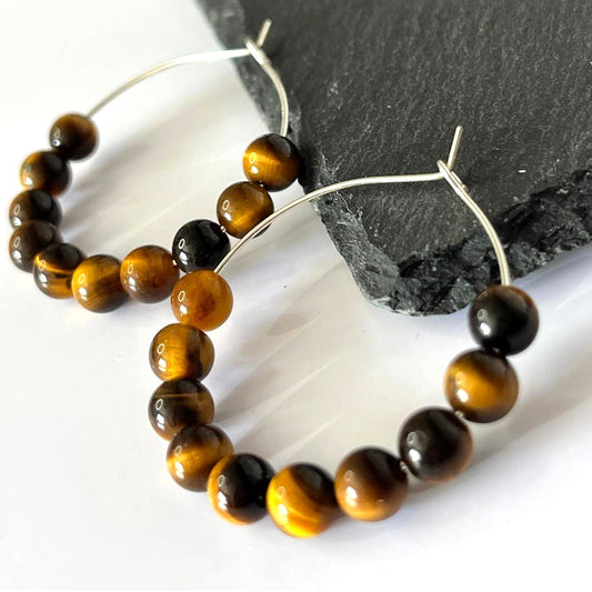 Natural Tiger Eye Bead Hoop Earrings