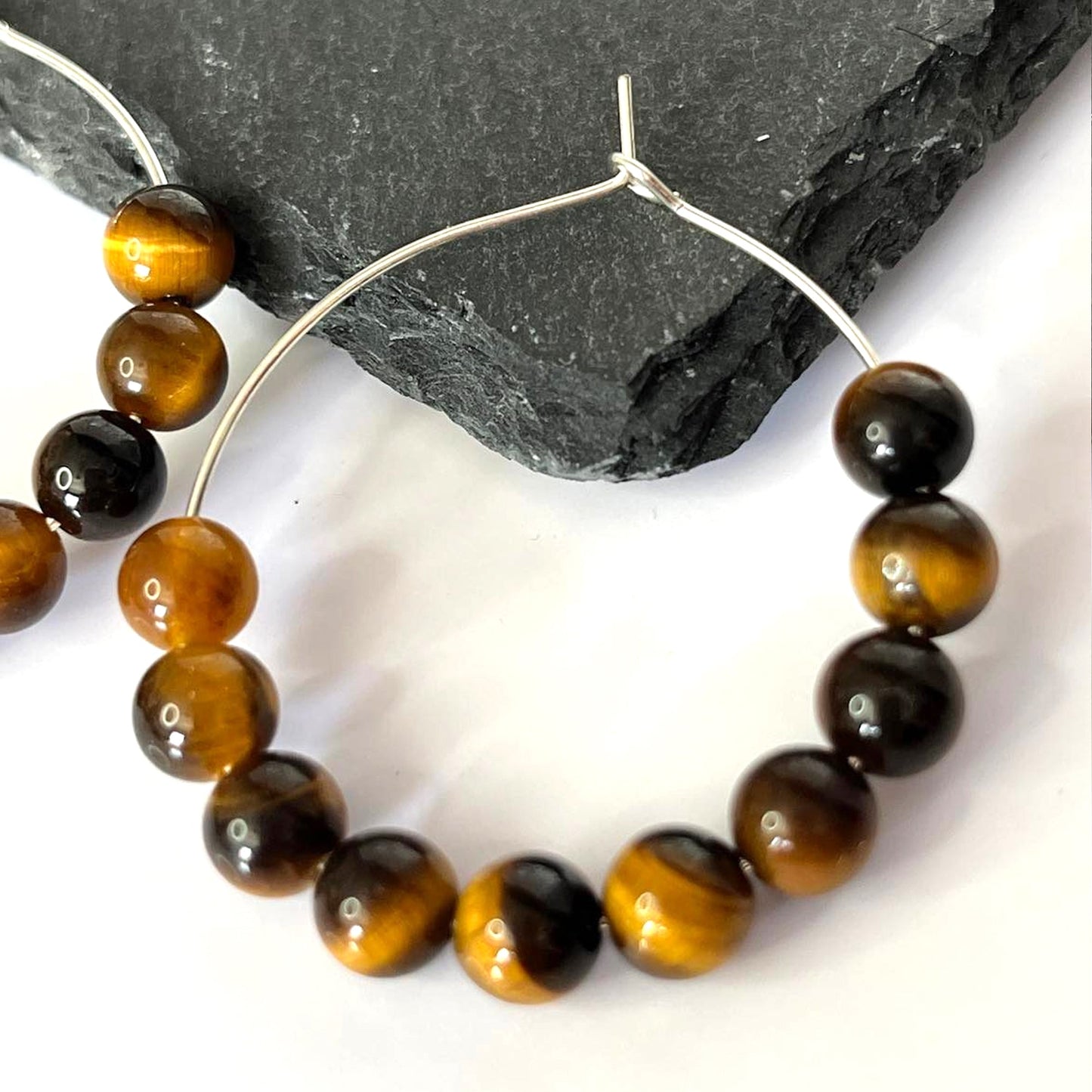 Natural Tiger Eye Bead Hoop Earrings