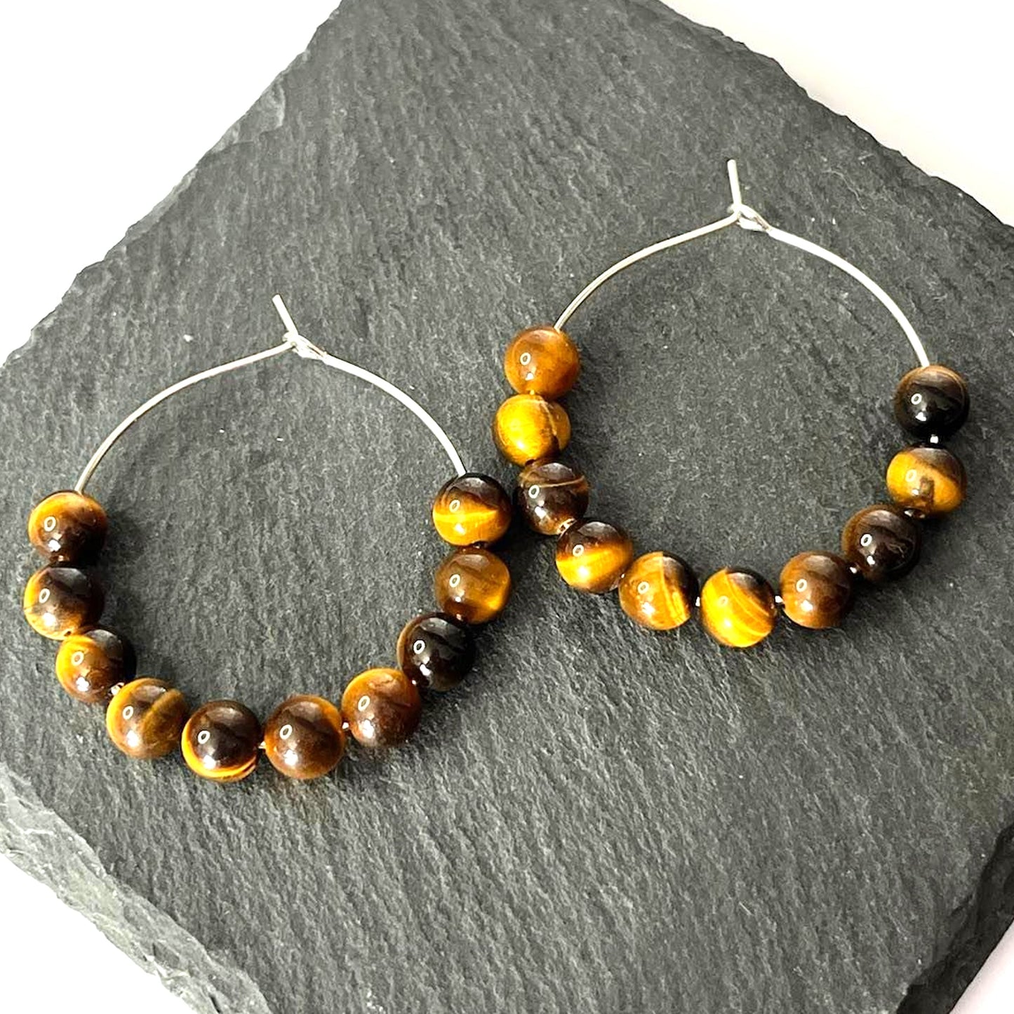 Natural Tiger Eye Bead Hoop Earrings