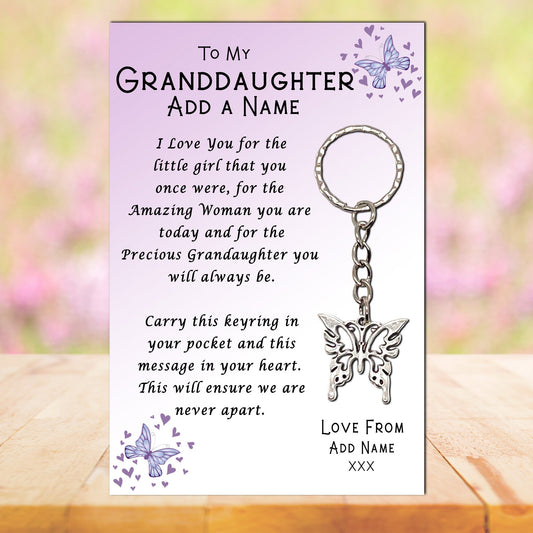 Granddaughter Butterfly Keyrings & Personalised Card