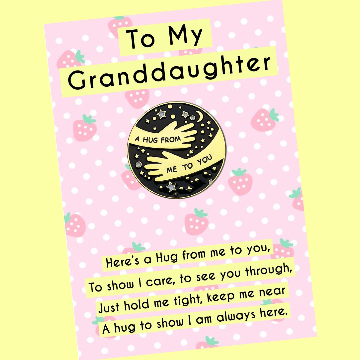 Granddaughter Pocket Hug Pin Badges & Cute Strawberry Message Cards