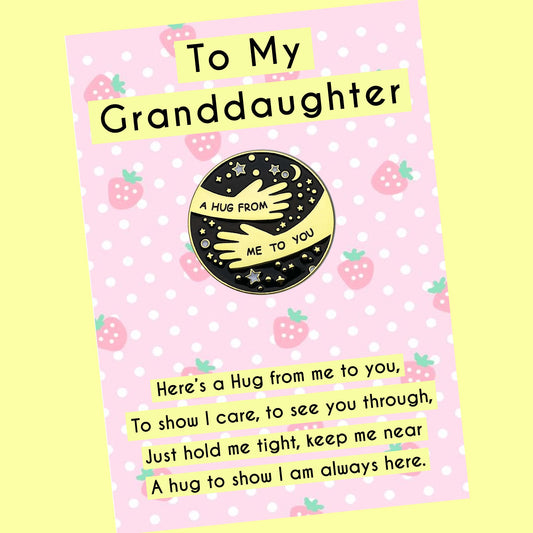 Granddaughter Pocket Hug Pin Badges & Cute Strawberry Message Cards