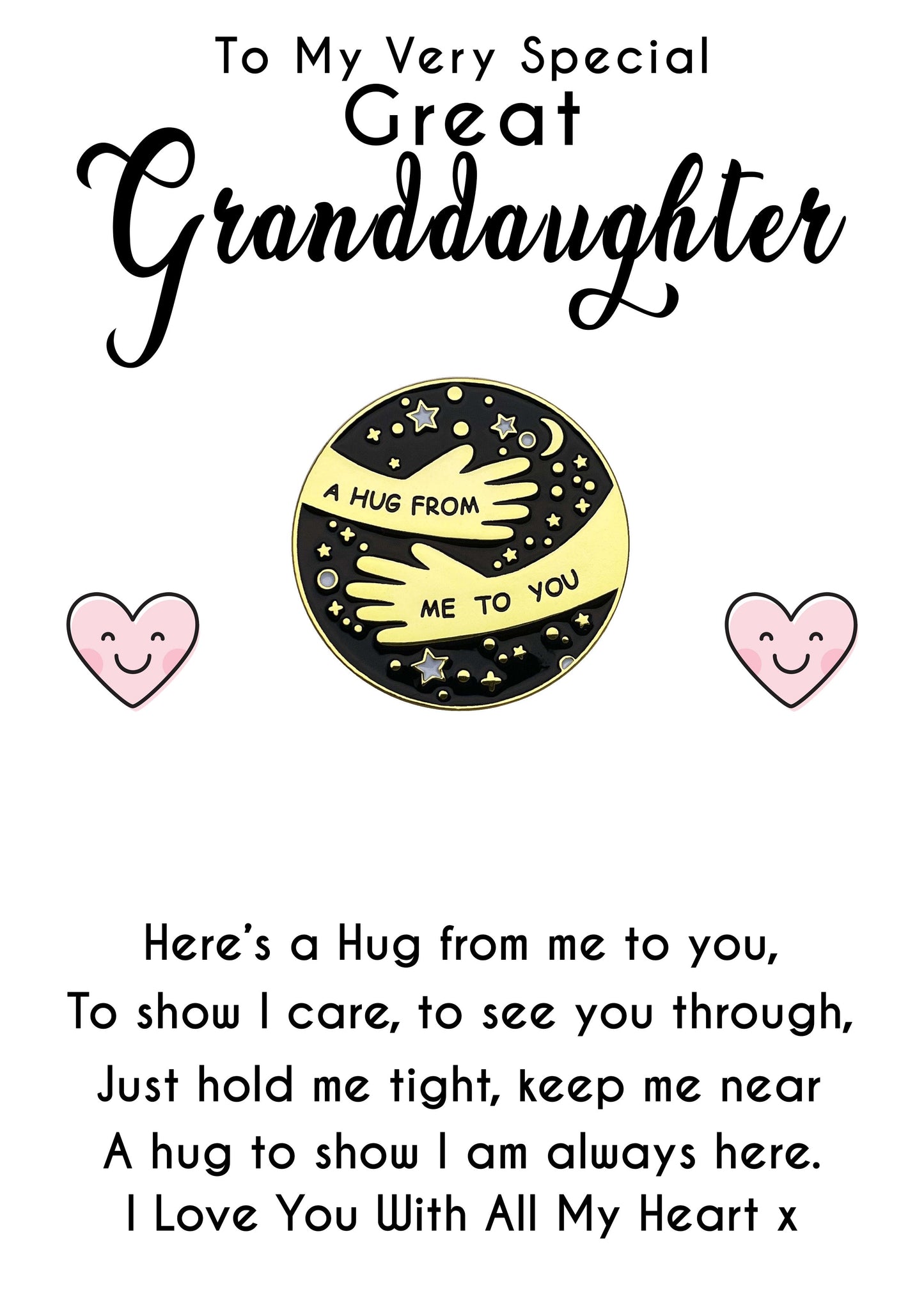 Great Granddaughter Pocket Hug Pin Badges With Heart Message Cards