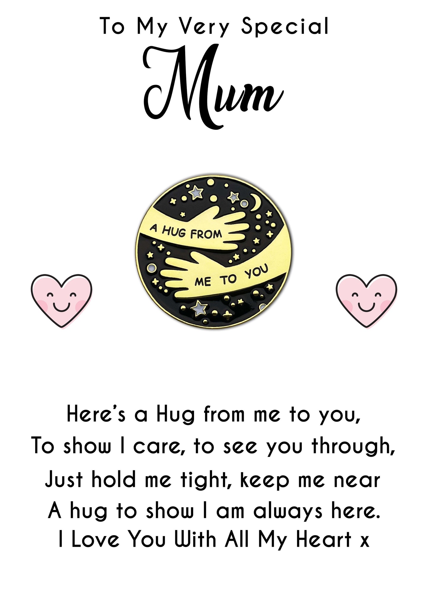 Special Mum Pocket Hug Pin Badges & Personalised Message Cards