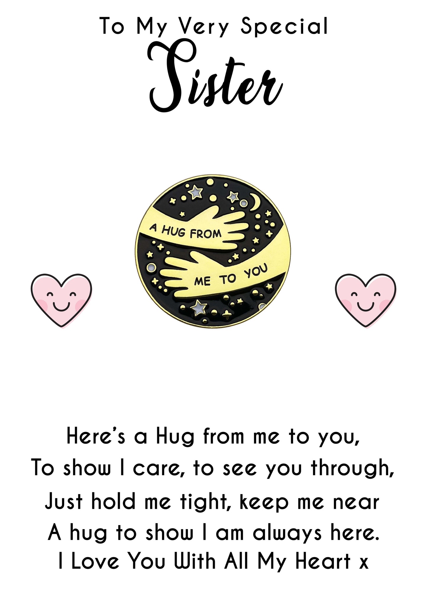 Very Special Sister Pocket Hug Pin Badges & Personalised Message Card