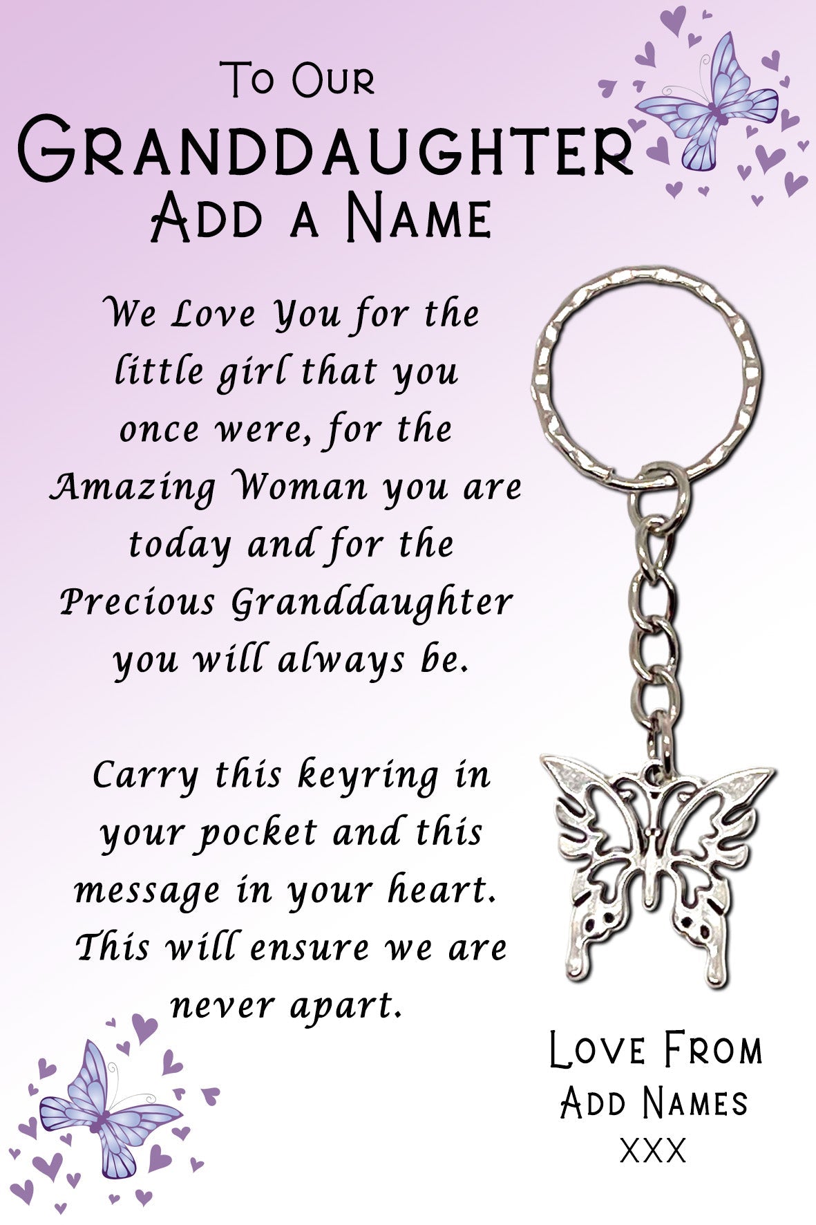 Granddaughter Butterfly Keyrings & Personalised Card