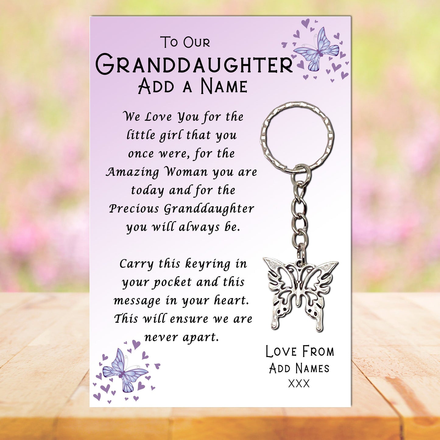 Granddaughter Butterfly Keyrings & Personalised Card