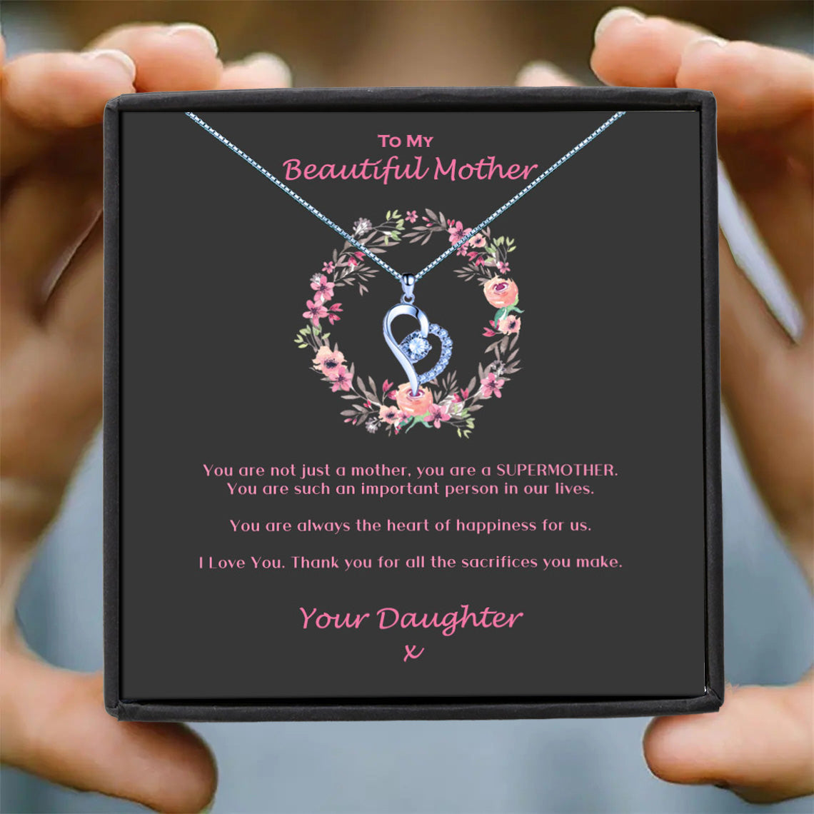 Beautiful Mother - Pink Floral Ring Message Necklace