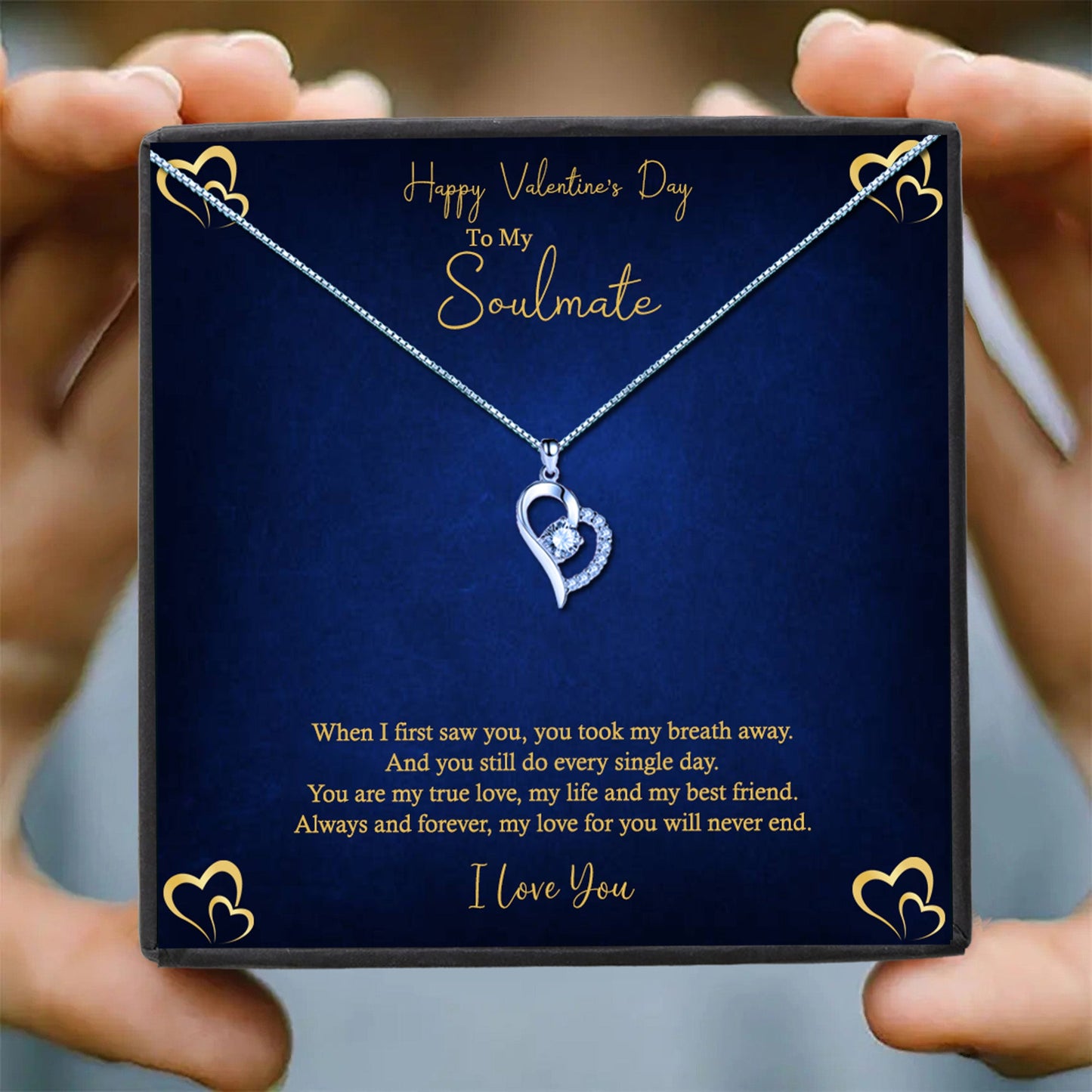 Valentine's Day Soulmate Heart Shaped Necklace & Royal Blue and Gold Message Jewellery Box