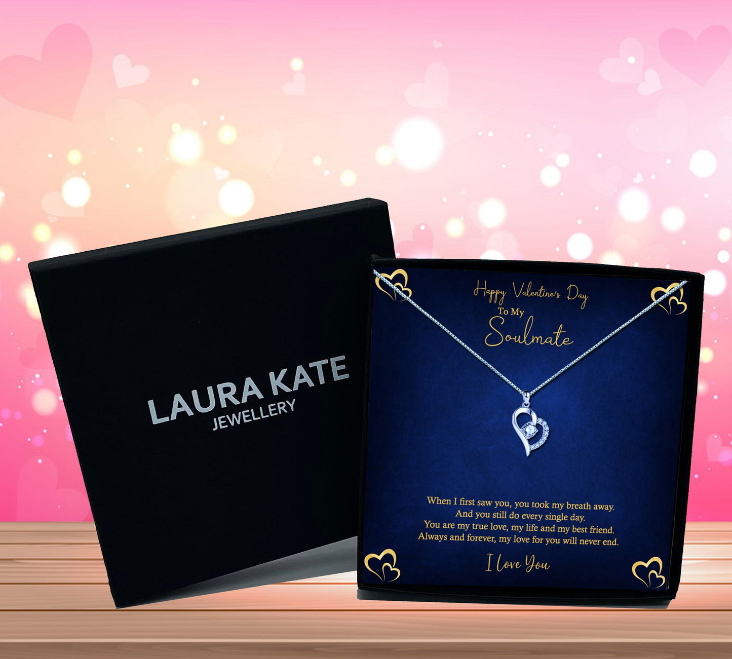 Valentine's Day Soulmate Heart Shaped Necklace & Royal Blue and Gold Message Jewellery Box