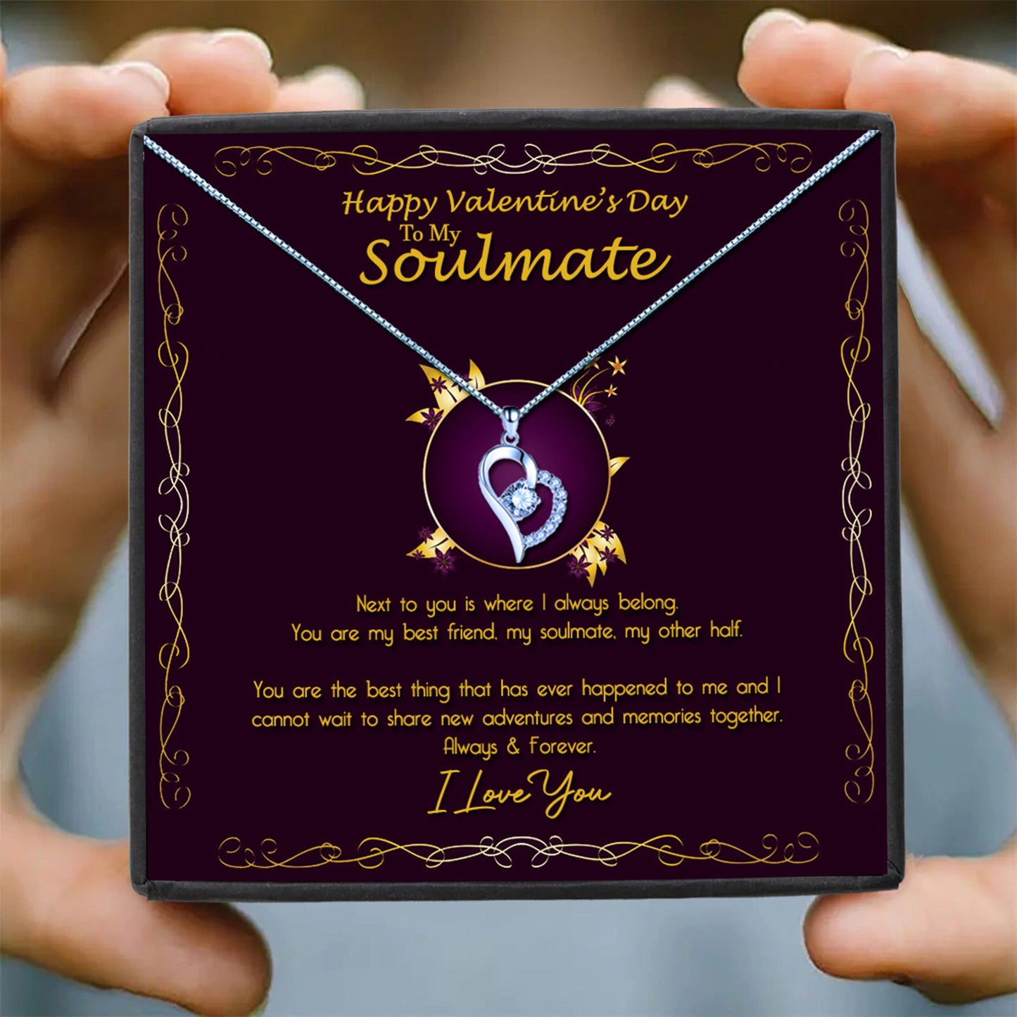 Valentine's Day Soulmate Heart Shaped Necklace & Elegant Purple and Gold Message Jewellery Box