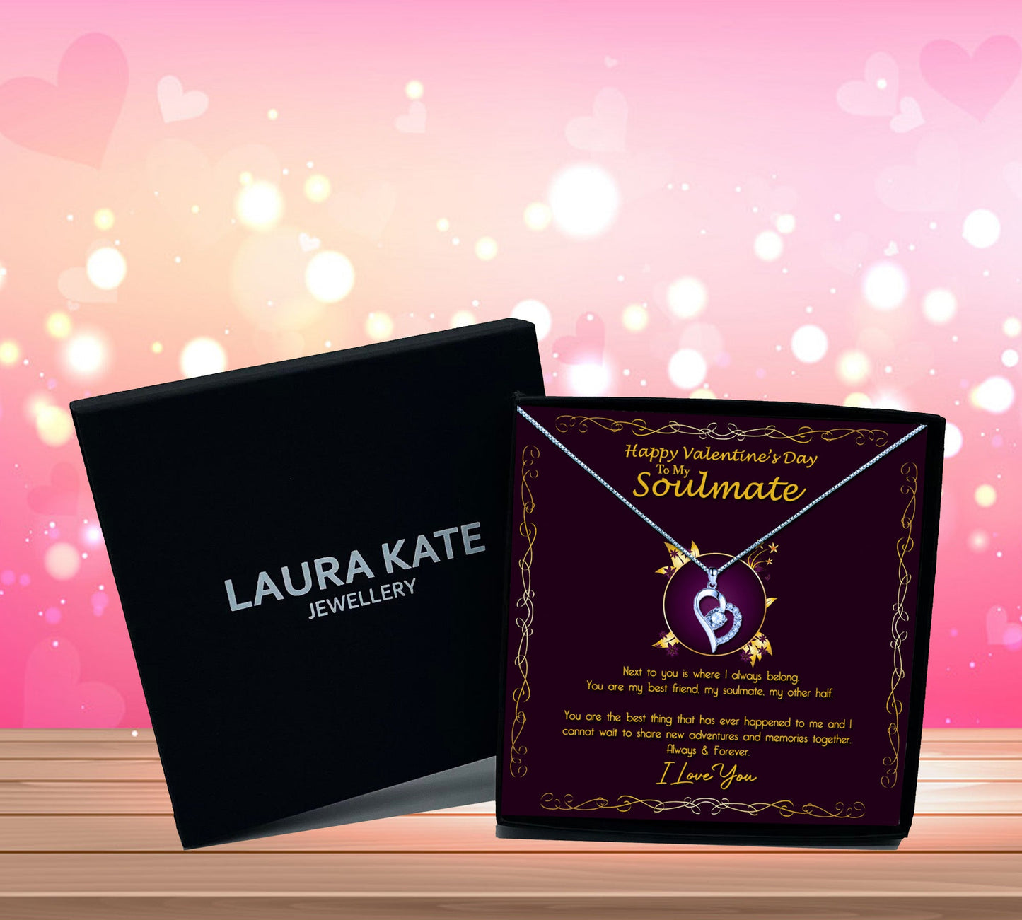 Valentine's Day Soulmate Heart Shaped Necklace & Elegant Purple and Gold Message Jewellery Box