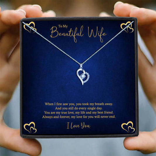 To My Beautiful Wife - Elegant Blue Gold Hearts Message Necklace