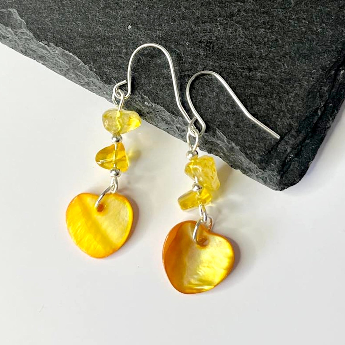 Citrine Stone Shell Heart Hook Earrings