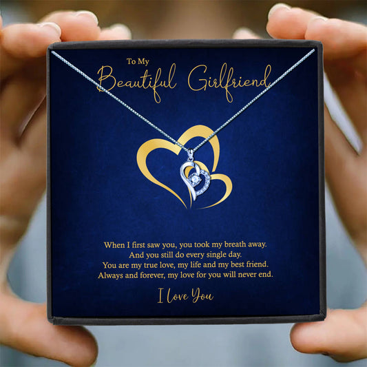 To My Beautiful Girlfriend - Gold Hearts Message Necklaces